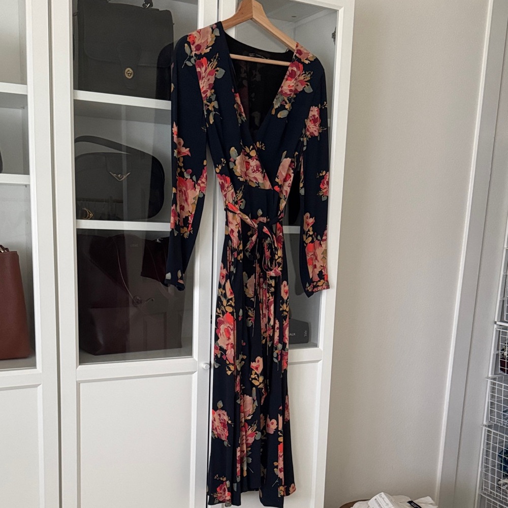 Zara Navy Floral Wrap Maxi Dress with Pink Blooms